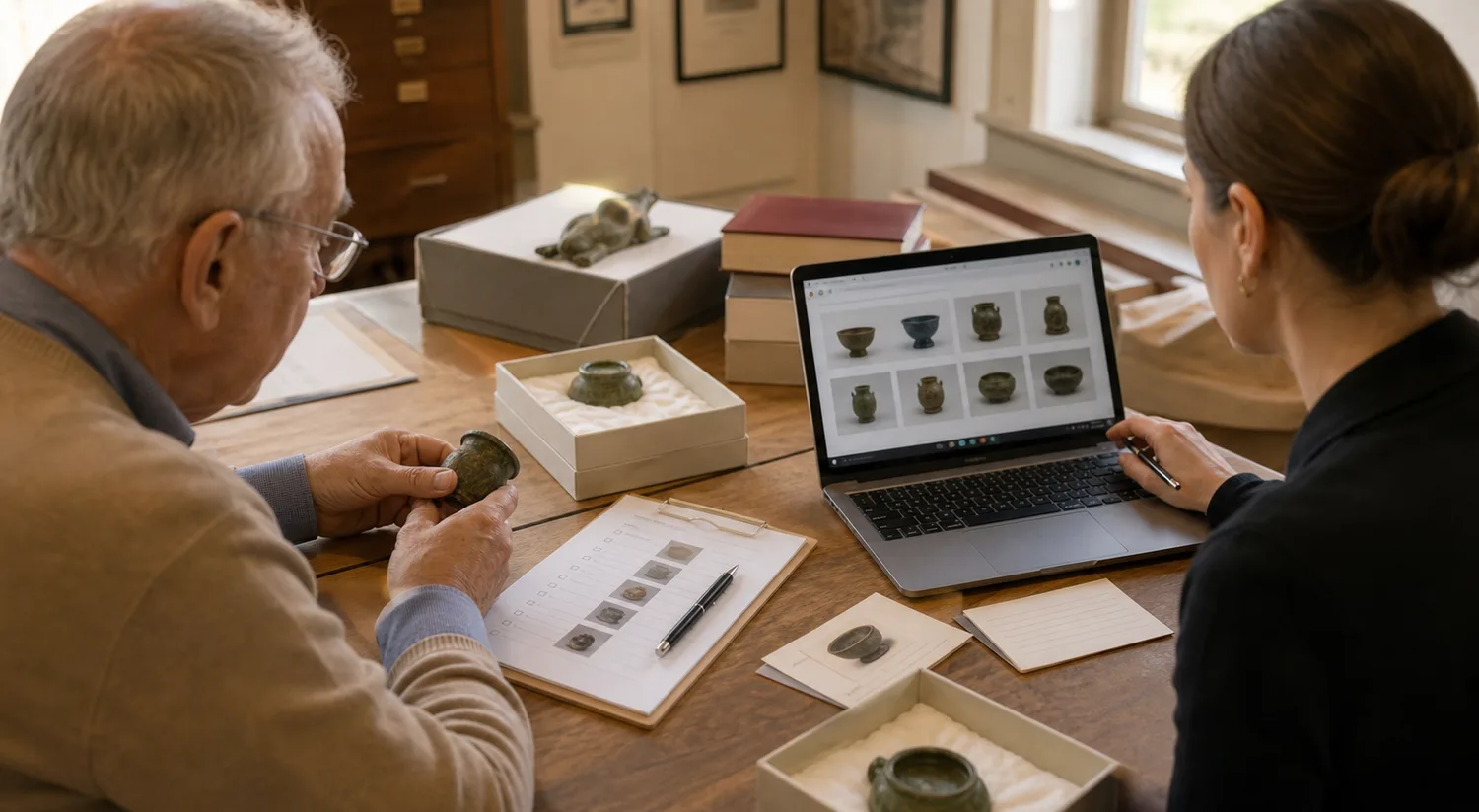 A curator and older volunteer reviewing artifact records and object photos in a small museum workroom.