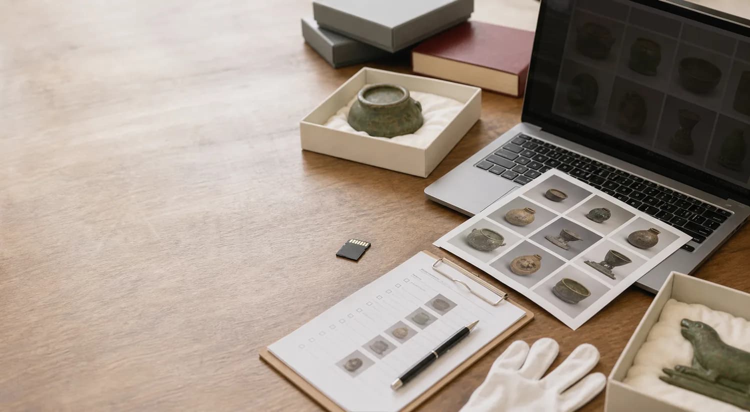 Artifact photographs, a laptop, and cataloging materials arranged for media upload review.
